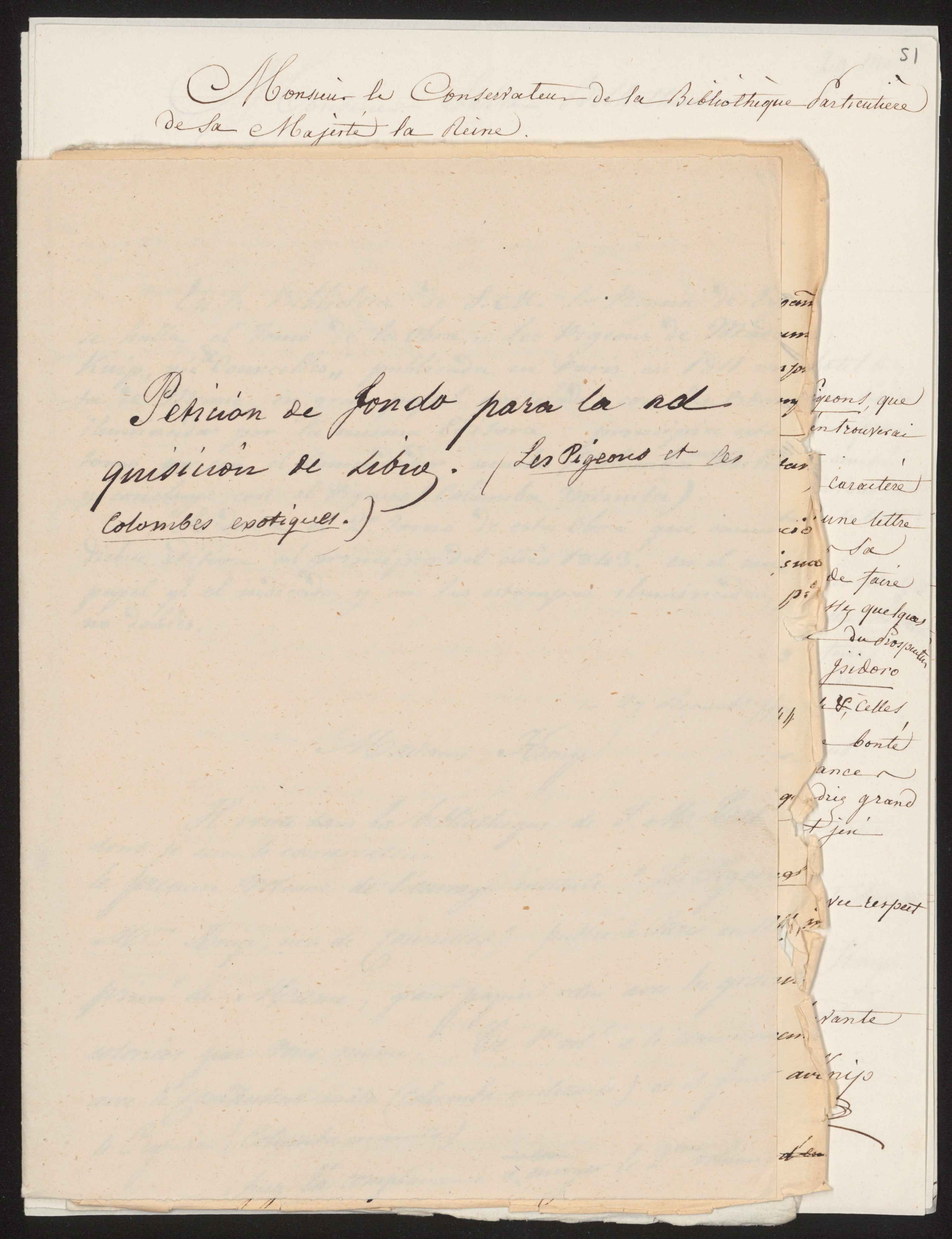 Expediente sobre la &quot;Petición de fondo para adquisición de libro Les Pigeons et les colombes exotiques&quot; de Pauline de Courcelles (ARB/4, CARP/6)